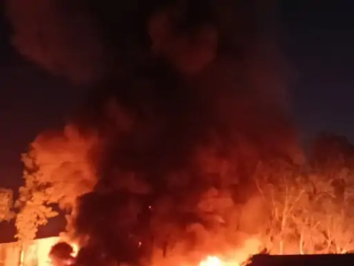 A massive fire broke out in a rubber factory warehouse in Jalandhar, causing panic due to the high flames.